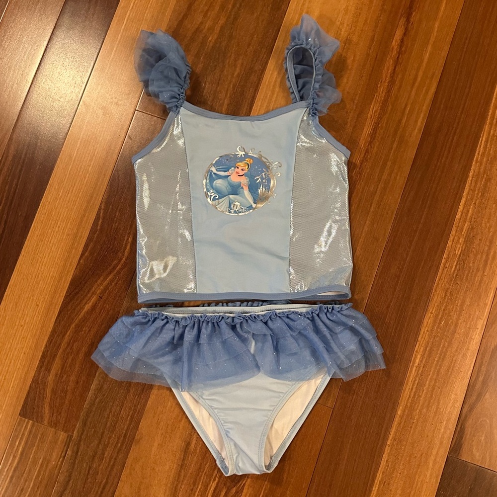 Disney Store Cinderella Tankini Girls 9/10 Blue & Silver with Ruffles- Like New!